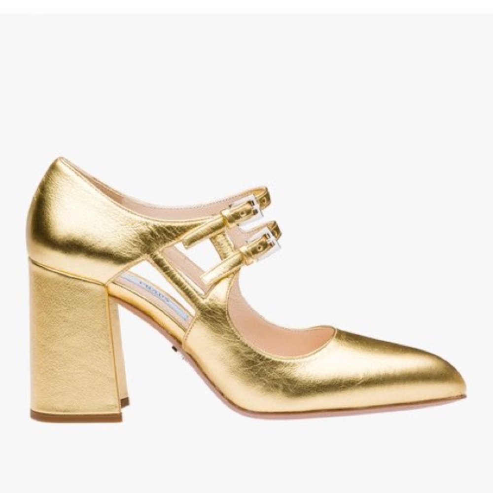 Prada Gold Leather Mary Jane Block Heels with Double Straps - Size 38